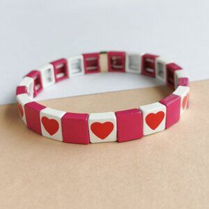 Roxanne Assoulin All Heart Enameled Stretch Bracelet. Gold Pink White